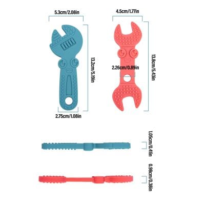 Colorful rubber wrench-shaped teethers for babies, designed for sensory stimulation and grip assistance, available at Monalisa Store for infant oral development.