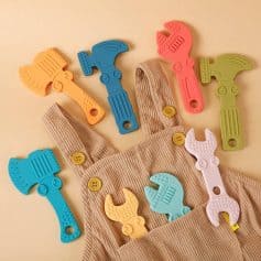 Colorful toy hammer and wrench set for children's dress-up, playful accessories for kids' costumes and dress-up activities.