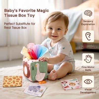 Colorful baby tissue box toy, sensory exploration, auditory development, fine motor skills, visual development, safe infant toy for early childhood learning.