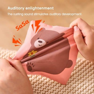 Soft pink elastic breast patch with bear graphic and auditory stimulation design for hearing impairment; ideal for audiology and hearing aid users.
