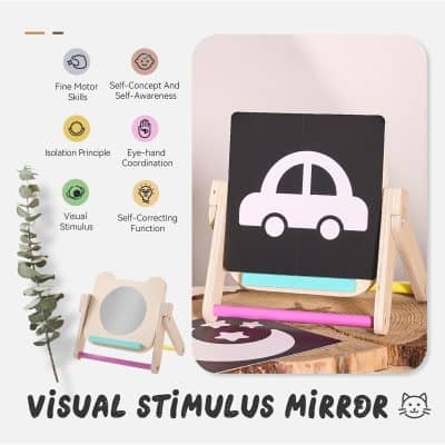 Colorful visual stimulus mirror for children's developmental skills, including fine motor, eye-hand coordination, and self-awareness training, with durable wooden stand and artistic design.