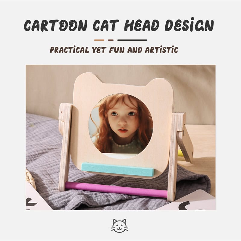 Colorful cartoon cat-shaped mirror for kids, perfect for playful and decorative bedroom accessories, fostering imagination and fun. Ideal for children's room decor, combining practicality with playful design.
