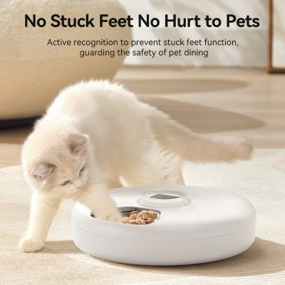 Stainless steel pet food bowl with digital scale, modern pet dining accessory, non-slip base for healthy feeding, easy to clean, accurate portion control for pets, suitable for cats and dogs.