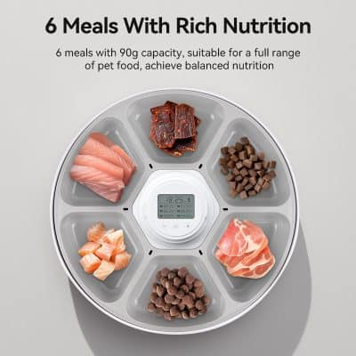 Sleek pet food portion control container with six sections filled with various nutritious pet meals and a digital timer, ideal for balanced pet diet management.