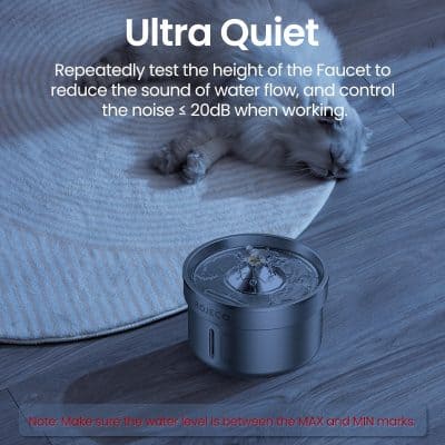 Mojeco water fountain for pets, quiet automatic pet drinking fountain, low noise water dispenser, cat and dog water bowl, pet hydration accessory for healthy drinking habits.