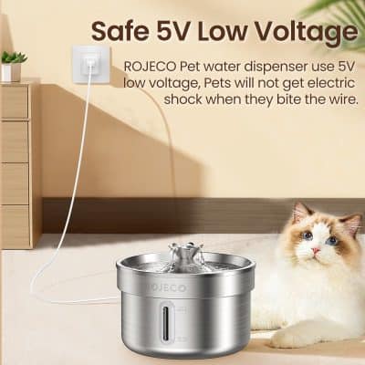 Water dispenser for pets, 5V low voltage, safe for cats and dogs, ideal for pet water bowls, quiet operation, energy-efficient, perfect for pet owners, Monalisa Medical.