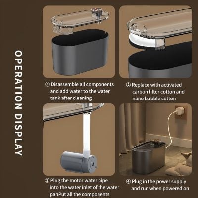 Disassembly and water tank filling instructions for the Monalisa medical device, highlighting steps to replace filters and connect components for optimal operation.