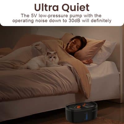 Soft bedroom scene with a woman sleeping peacefully next to a cat, showcasing quiet comfort and tranquility.