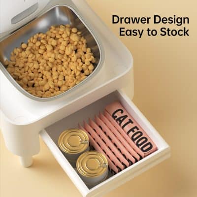 Soft food storage container with drawer design, easy to stock, includes canned food and cat food labels for pet food organization.