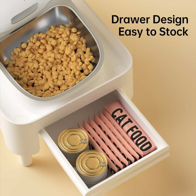 Soft food storage container with drawer design, easy to stock, includes canned food and cat food labels for pet food organization.