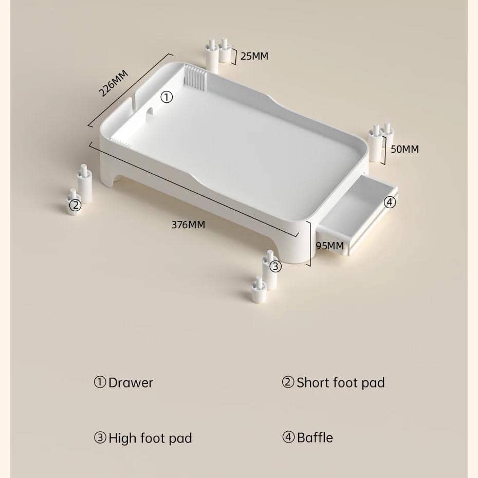 Compact white medical storage tray with adjustable feet, drawer, foot pads, and baffle, ideal for clinics and healthcare settings. Dimensions: 376mm x 226mm, height 95mm.