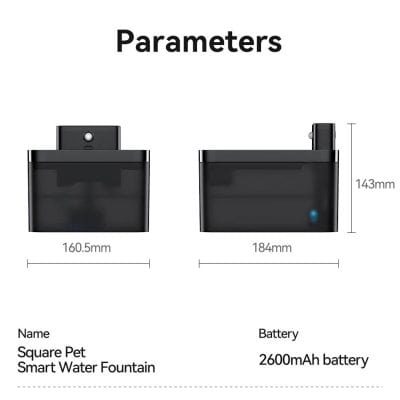 Compact square pet smart water fountain, 2600mAh battery, modern design, ideal for pet hydration, perfect for Monalisa Store.