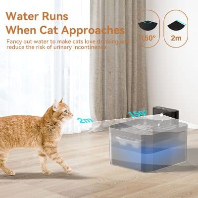 Water fountain with cat splash guard, digital display, and water flow control, ideal for pet hydration and reducing urinary incontinence in cats. Designed for easy use and pet safety.
