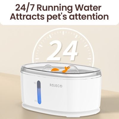24/7 pet water fountain, quiet and automatic, attracts pets with fresh flowing water, ideal for pet hydration and health, helps prevent dehydration and encourages frequent drinking, perfect for all pet types.