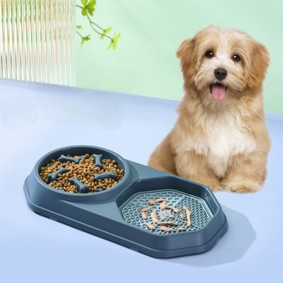 Dog standing beside an automatic pet feeder with dry kibble and treats, in a bright, clean environment, ideal for promoting pet care products for dog owners.
