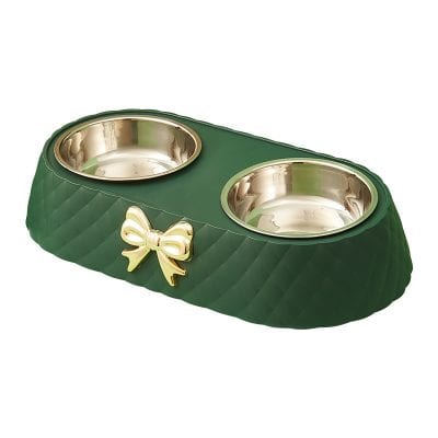 Dual pet feeding bowl in green with gold accents, perfect for cats and dogs at Monalisa Store.