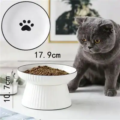 Ceramic cat food bowl with paw print design, non-slip base, suitable for cats, modern white pet feeder, 17.9cm diameter, 10.7cm height, stylish pet accessories for healthy feeding.