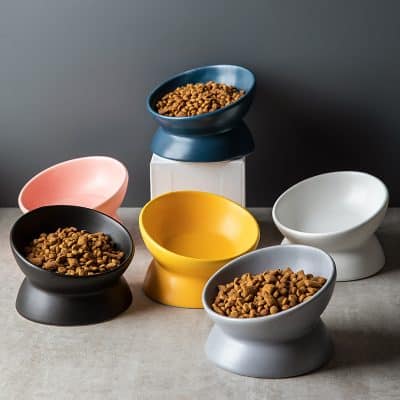 Colorful pet food bowls with dry dog food in various colors including black, yellow, white, pink, and blue, on a modern gray surface and background.