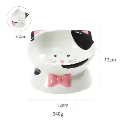 Cute cat-shaped ceramic bowl for cats, with pink bow detail, ideal for pet food or water, measuring 13cm x 13cm, weighing 340g, perfect for pet owners seeking stylish and functional pet accessories.