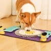 Freshly prepared dog food served on a feeding mat with paw print design, perfect for pet nutrition.