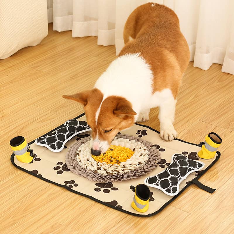 Dog eating pet food from a puzzle feeder on a dog training mat, Monalisa Store opt, pet nutrition, interactive dog feeding, training and enrichment, dog care accessories, pet therapy, pet health supplies, dog training tools.