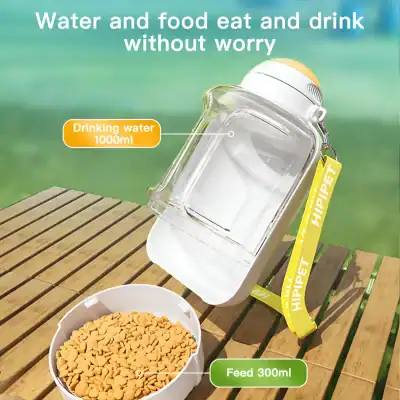 High-quality pet water and food dispenser with 1000ml water capacity and 300ml food bowl, ideal for pets to eat and drink comfortably outdoors or at home.