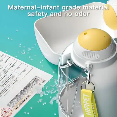 Dispenser with maternal-infant medical supplies, rice grains, and medical paperwork, emphasizing maternal and infant safety and odorless material for healthcare products.