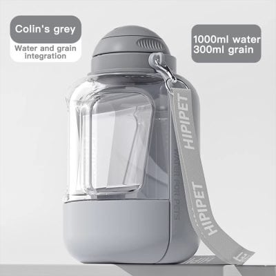 Water bottle with gray and transparent design, featuring water and grain integration, 1000ml capacity, perfect for pet hydration needs.