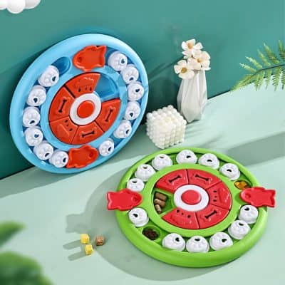 Colorful children's board game with rotating mechanisms, suitable for family fun and cognitive development, displayed on a modern tabletop with decorative flowers.