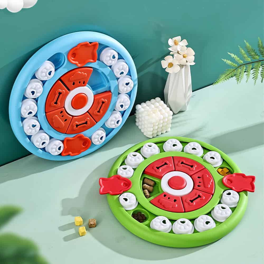 Colorful children's board game with rotating mechanisms, suitable for family fun and cognitive development, displayed on a modern tabletop with decorative flowers.