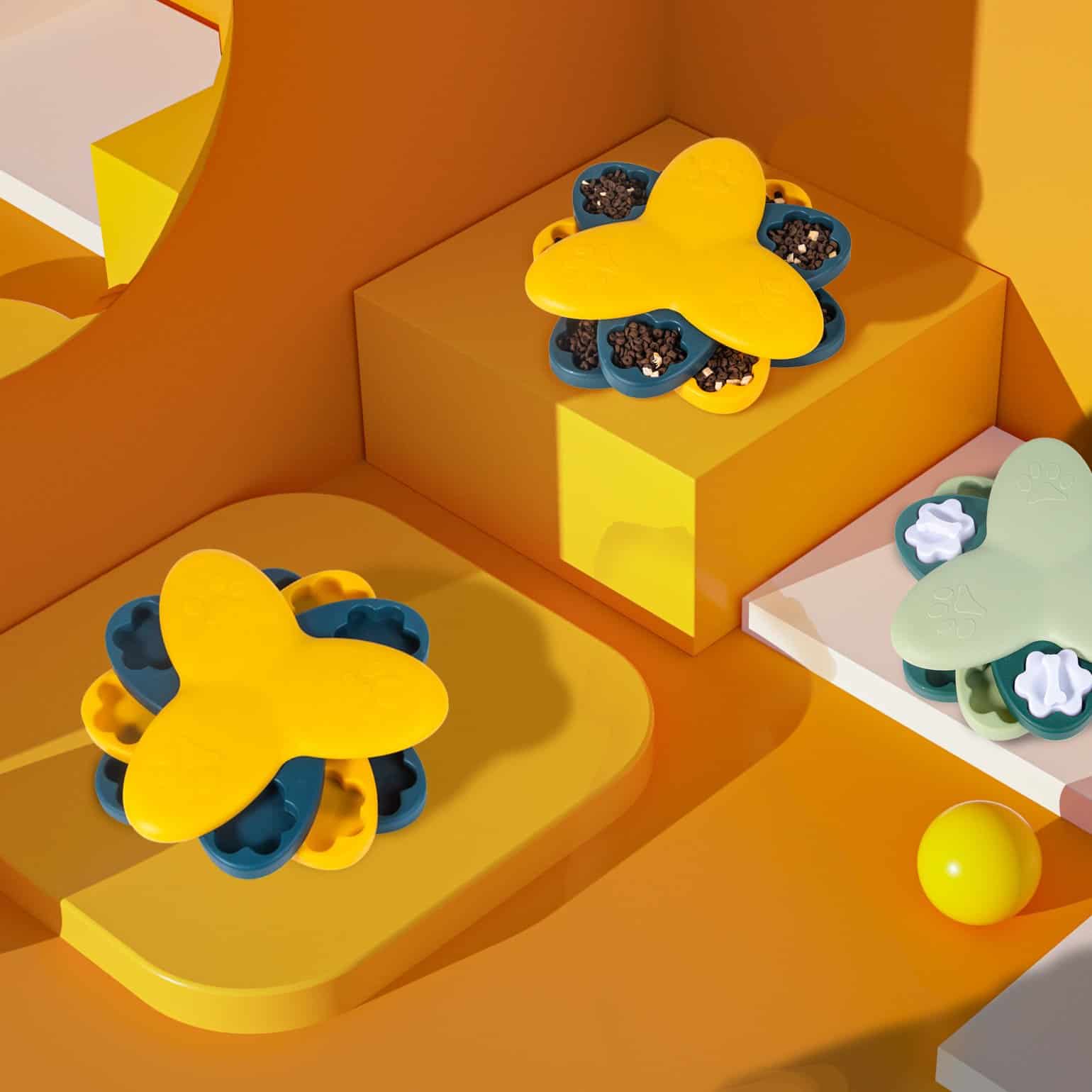 Colorful butterfly-shaped pill organizers with medication compartments on an orange geometric background for eye health and vision care.