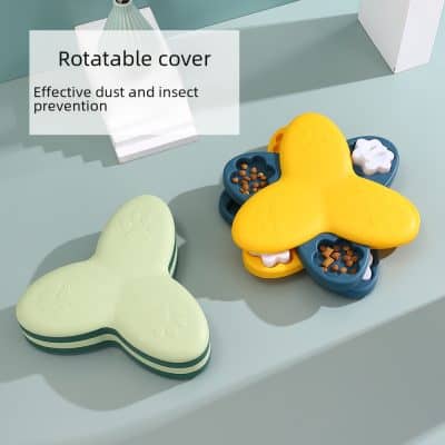 Colorful butterfly-shaped pet food dispensers with adjustable covers for effective dust and insect prevention.