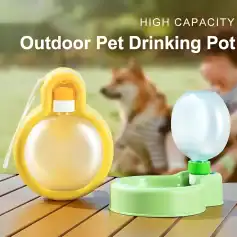 Yellow outdoor pet water drinking bowl, high capacity pet water dispenser, portable pet outdoor hydration solution for dogs and cats.
