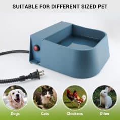 Silent pet water heater for dogs, cats, chickens, and other small pets, ideal for maintaining water temperature and ensuring hydration. Easy to use with a power switch and durable design.