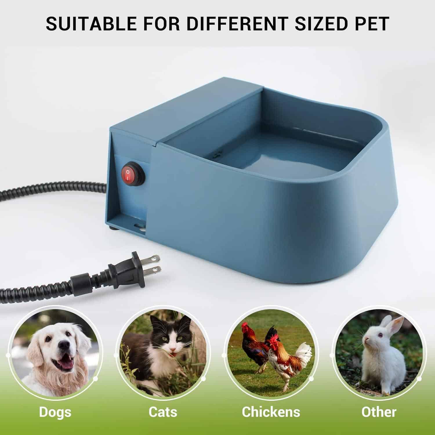 Silent pet water heater for dogs, cats, chickens, and other small pets, ideal for maintaining water temperature and ensuring hydration. Easy to use with a power switch and durable design.