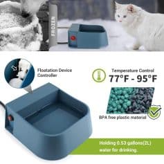 Frosted pet water fountain with temperature control, BPA-free plastic, and 0.53-gallon capacity, ideal for pets, environmentally friendly, suitable for keeping animals hydrated indoors or outdoors.