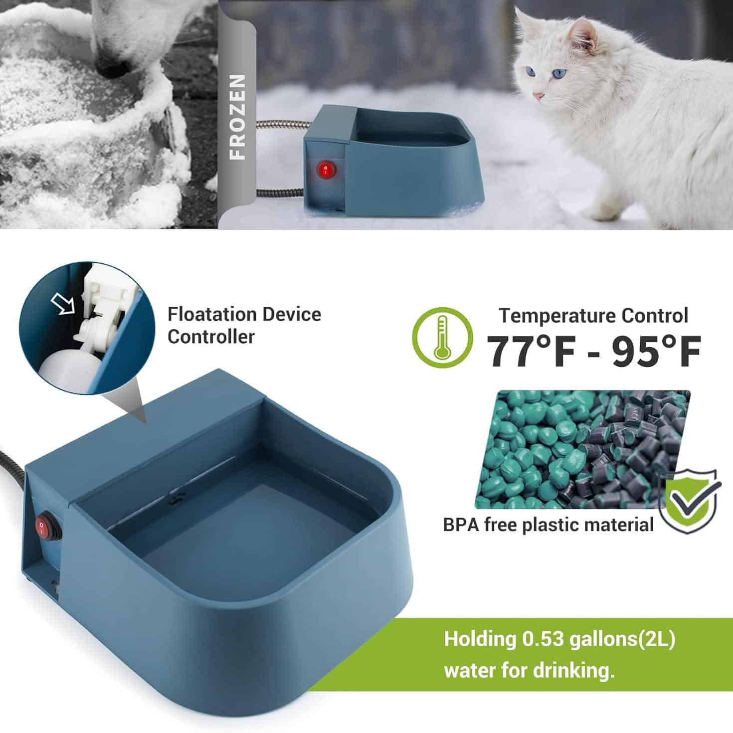 Frosted pet water fountain with temperature control, BPA-free plastic, and 0.53-gallon capacity, ideal for pets, environmentally friendly, suitable for keeping animals hydrated indoors or outdoors.