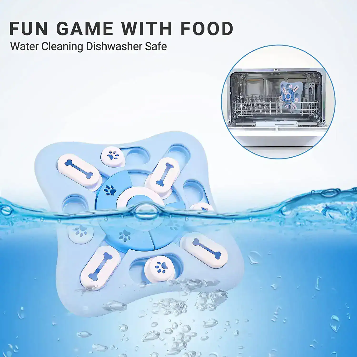 Waterproof dog toy submerged in water, designed for pet play and chewing, featuring bone and paw print shapes.