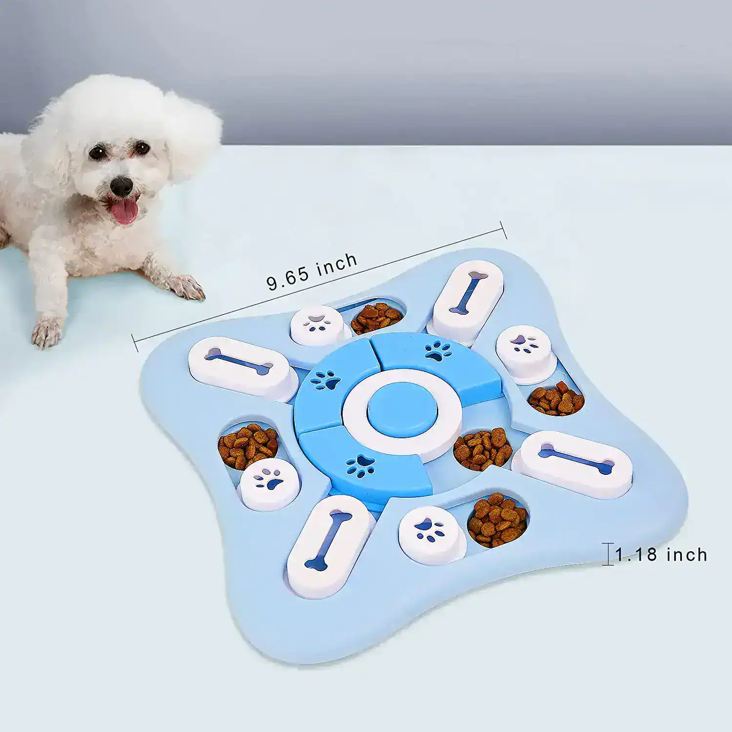 Blue pet feeding mat with multi-compartment design for food and water, perfect for small dogs, with measurement details for size, from Monalisa Medical store.