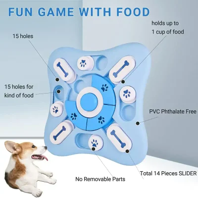 Small blue dog food puzzle toy with multiple compartments, designed for interactive feeding, featuring 15 holes for treats or food, PVC phthalate-free, no removable parts, holds up to 1 cup of food, ideal for pets.