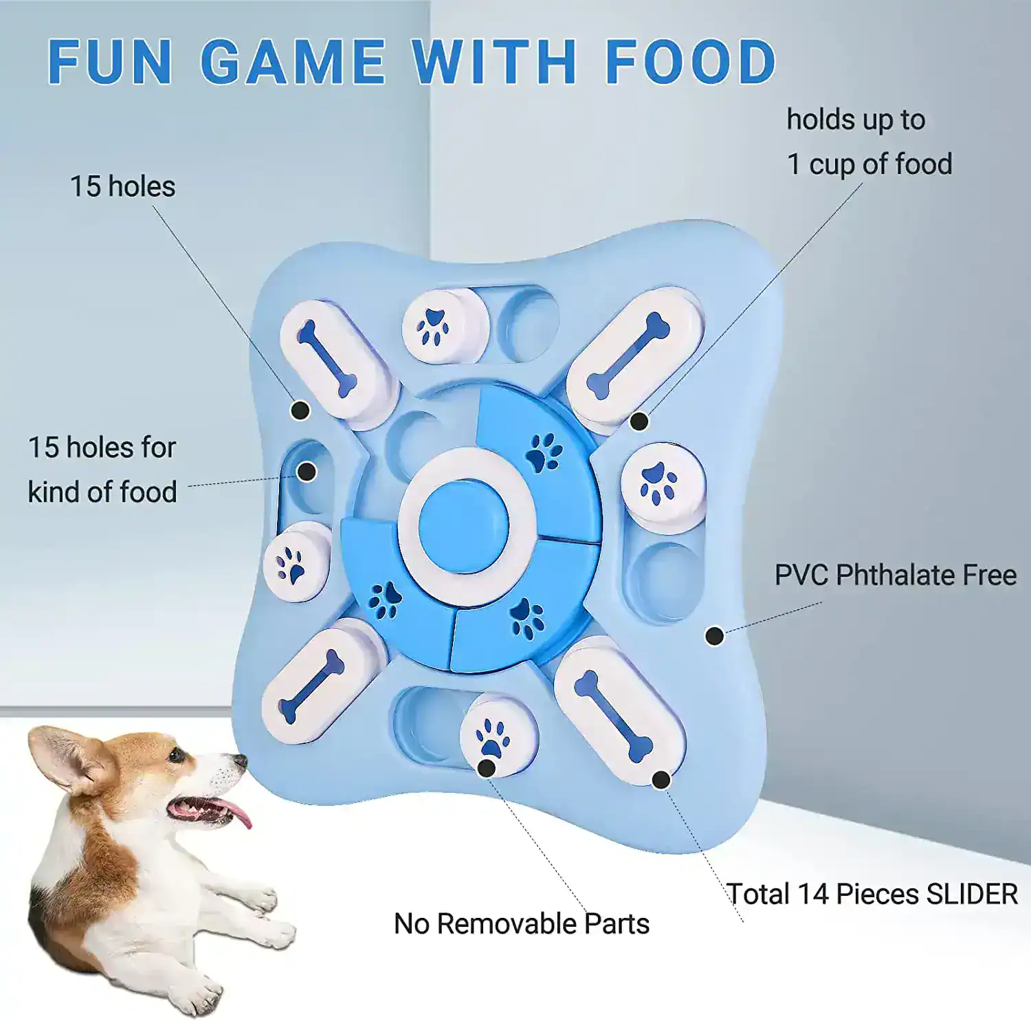 Small blue dog food puzzle toy with multiple compartments, designed for interactive feeding, featuring 15 holes for treats or food, PVC phthalate-free, no removable parts, holds up to 1 cup of food, ideal for pets.