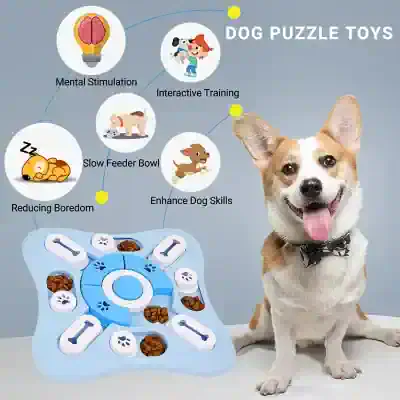 Friendly dog puzzle toy promoting mental stimulation and training for dogs, designed to enhance skills and reduce boredom with interactive features. Perfect for engaging pets and encouraging healthy activity.