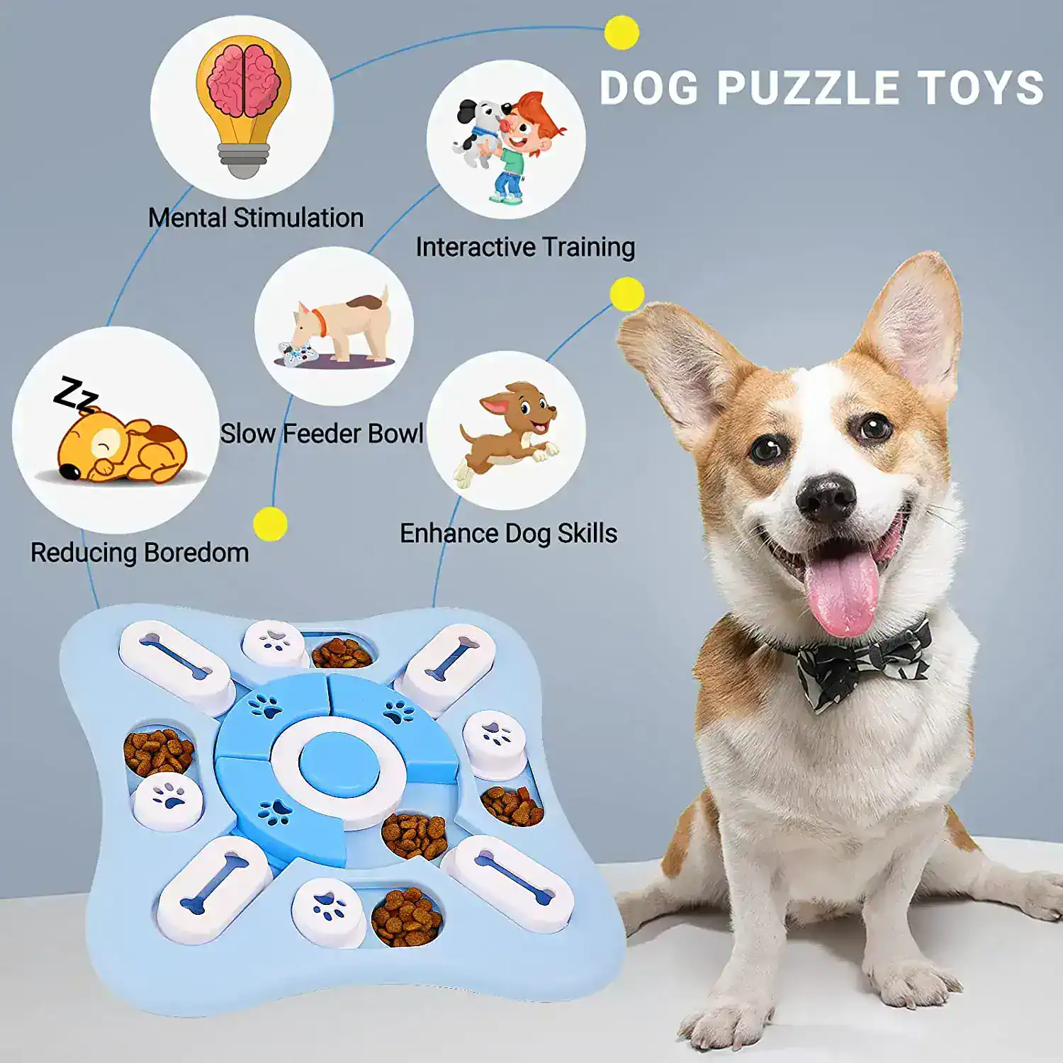 Friendly dog puzzle toy promoting mental stimulation and training for dogs, designed to enhance skills and reduce boredom with interactive features. Perfect for engaging pets and encouraging healthy activity.