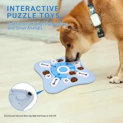 Bright color dog puzzle toy with treat dispensers, perfect for small animals, puppies, and cats to stimulate mental activity and playfulness.