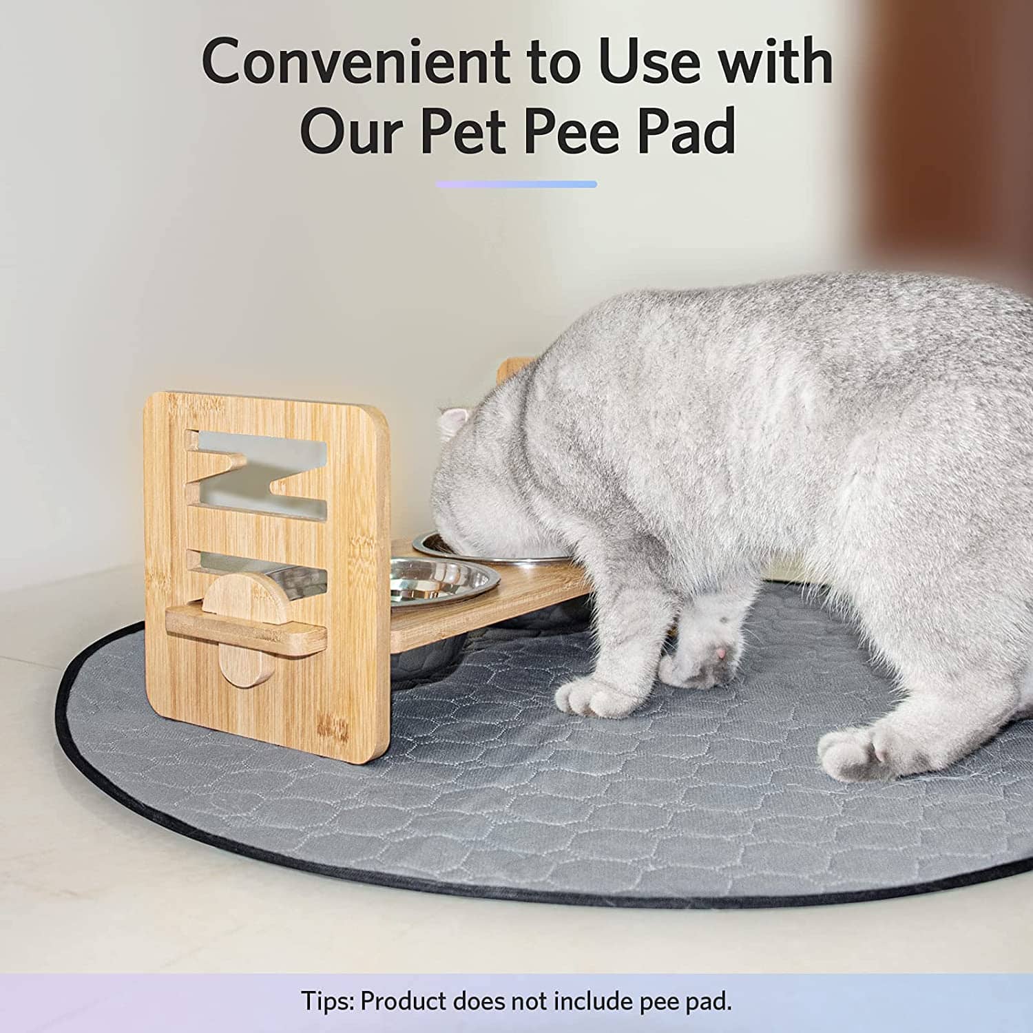 Pet pee pad holder with a cute gray cat eating from stainless steel bowls on a wooden stand, designed for convenient pet feeding and bathroom needs.