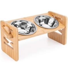 Stainless steel double pet food bowl set on a wooden stand, ideal for pet feeding stations, durable and easy to clean, perfect for cats and small dogs.
