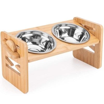 Stainless steel double pet food bowl set on a wooden stand, ideal for pet feeding stations, durable and easy to clean, perfect for cats and small dogs.