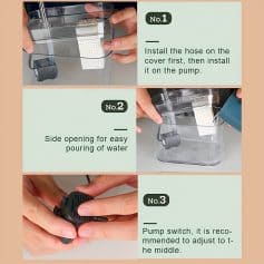 Installing water pump step-by-step instructions, easy water pouring, pump switch adjustment for optimal flow, medical equipment setup for optical use, Monalisa Store eye care accessories, optometry tools setup guide.