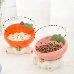 Orange and pink ceramic dog bowl set for pets, with food and treat inside, decorative and functional pet accessories, perfect for pet owners, designed with cute flower accents for a cheerful look.