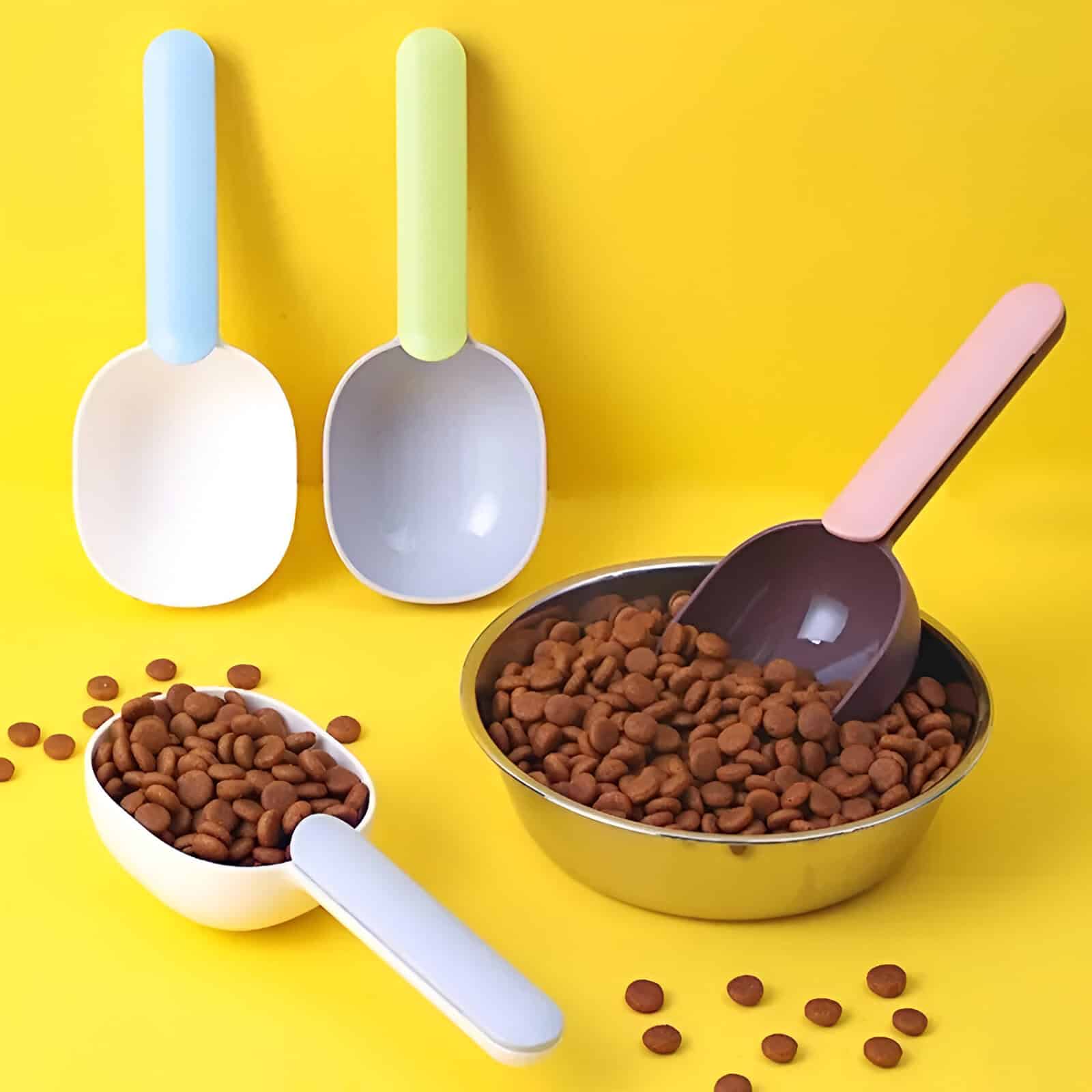 Bright pastel-colored scoop sets with brown beans on a vibrant yellow background, emphasizing kitchen tools, food storage, and beans for healthy eating.
